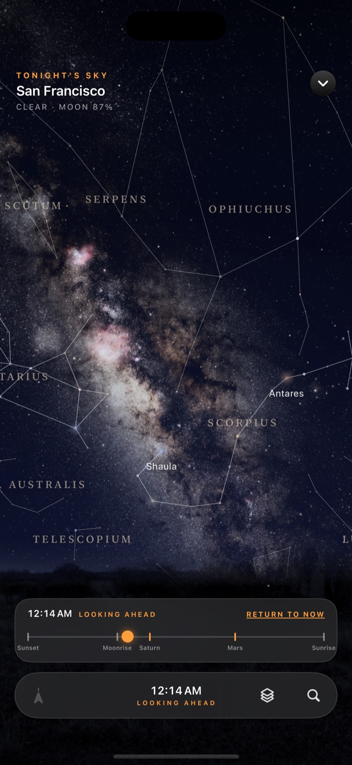 A live planetarium view of the Milky Way with Scorpius and Sagittarius labeled.