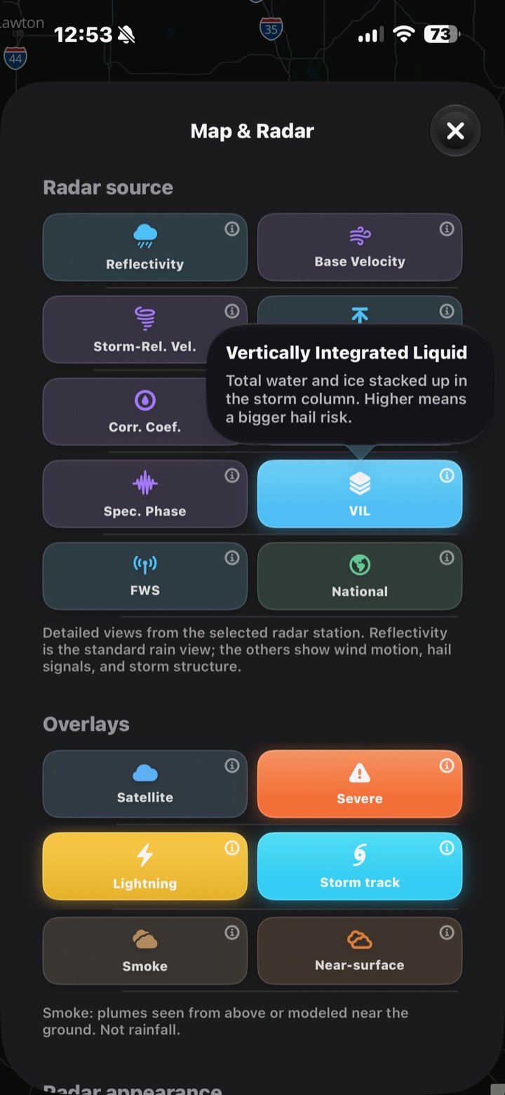 The Map and Radar options sheet listing radar sources and overlays with a plain-language explainer bubble for Vertically Integrated Liquid.