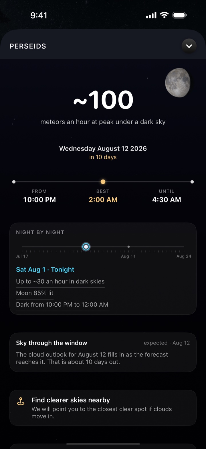 The Perseids counting down to their peak with the best viewing hours and a night by night rail.