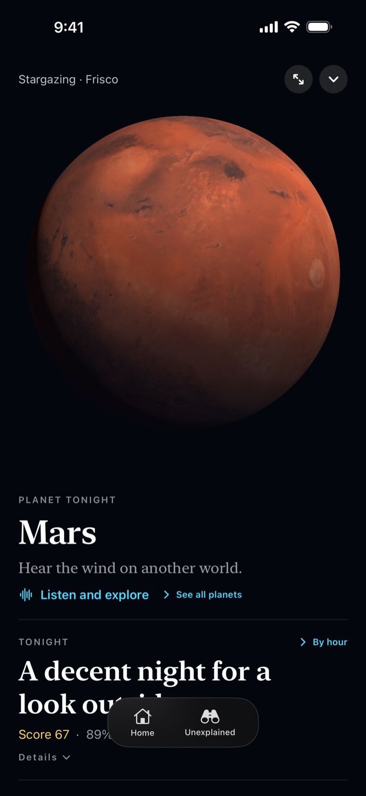A stargazing guide with a large 3D Mars and a score for tonight's viewing.