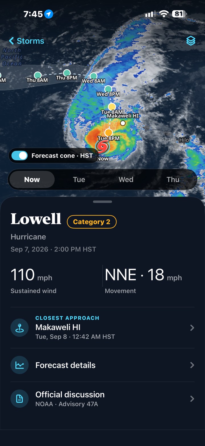 Hurricane Lowell tracked over a live satellite view with rain radar, its forecast cone marked day by day toward Hawaii, with its category, wind speed and closest approach shown below.