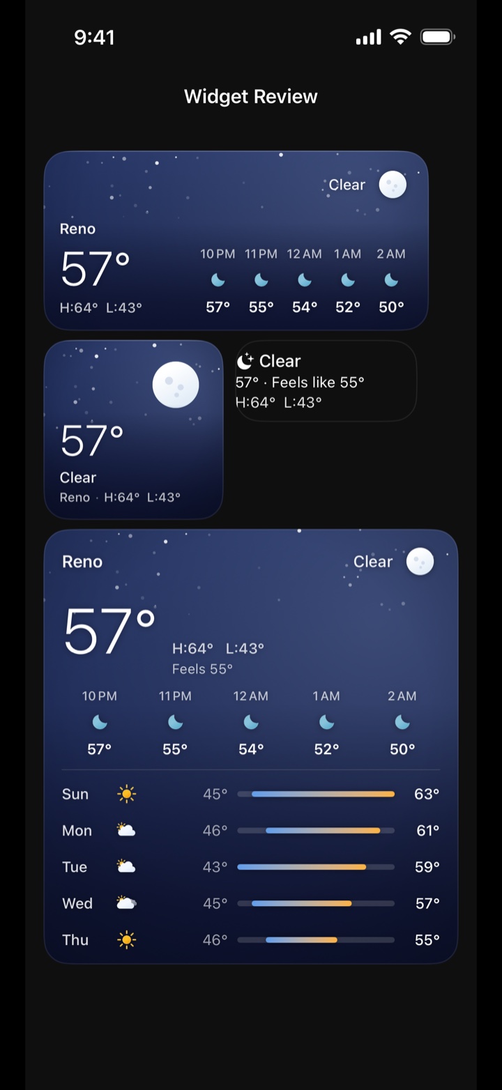 Calm dark home screen widgets showing the temperature and forecast.